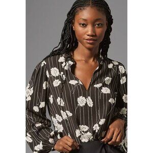 Anthropologie‎ The Odells Robin V-Neck Long Sleeve Blouse Small Black White